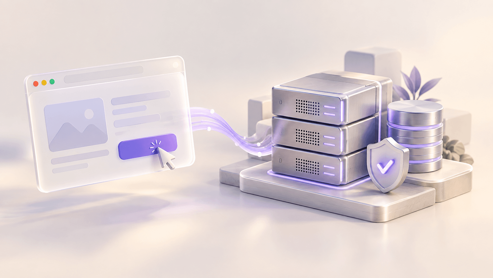 Brauzerdəki klikdən serverlərə və verilənlər bazasına uzanan bənövşəyi məlumat axını, ön planda təhlükəsizlik qalxanı.